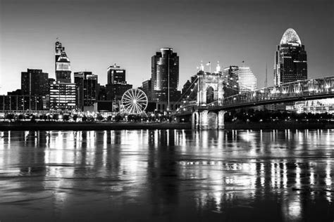 B&W Cincinnati Print Black and White Cincinnati Skyline Night ...