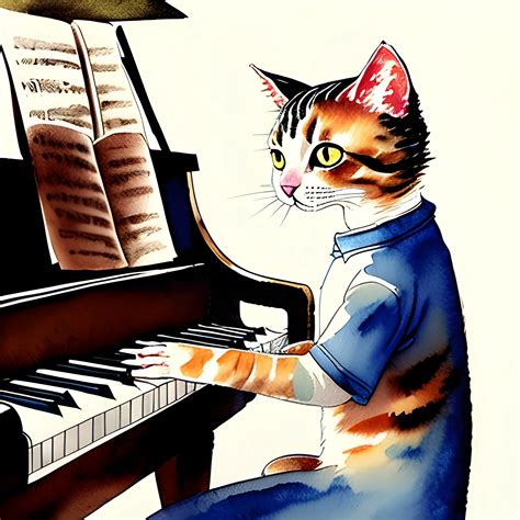 illustrate scene of cat playing piano, Water Color - Arthub.ai