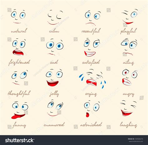 Emotions. Cartoon Facial Expressions Set. ( Natural, Calm, Resentful, Playful, Frightened, Sad ...