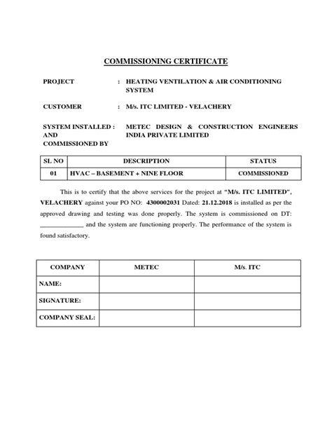 Commissioning Certificate | PDF