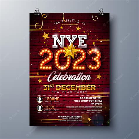 Free Vector | 2023 new year party celebration poster template design with lights bulb marquee ...