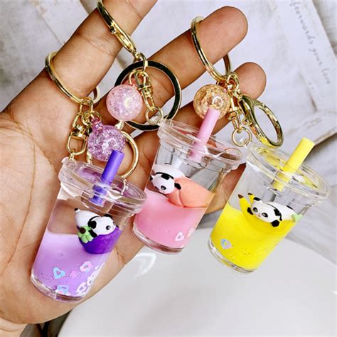Mini bubble tea keychain acrylic round keychain Ready To Ship Cute Keyring Liquid keychain, boba ...