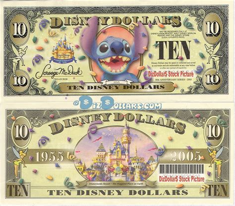 DIZDOLLARS.com | 2005 "D" $10 UNC 5 Digit Disney Dollar - Stitch front ...