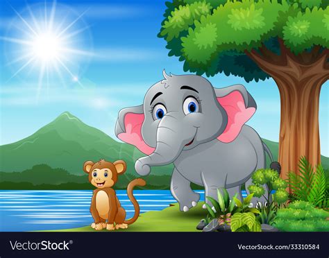 Scene with elephant and monkey having fun at Vector Image