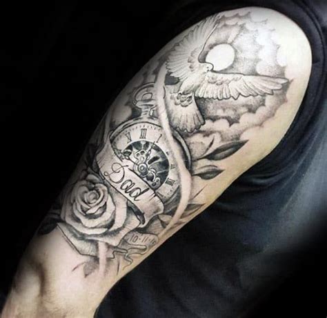 a man with a clock and roses tattoo on his arm