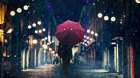 silhouette, umbrella, night city, rain, street, city lights, 4k HD ...