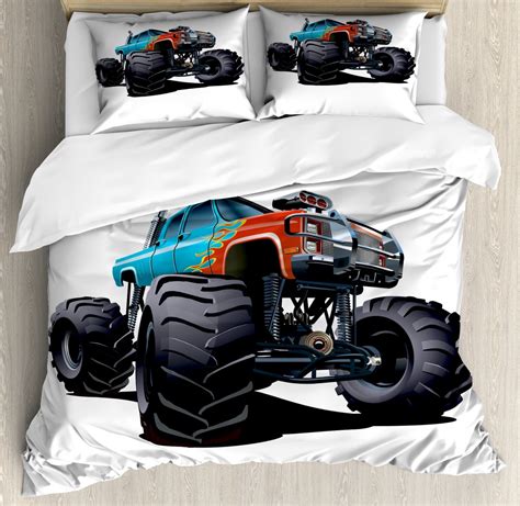 Monster Truck Duvet Cover Set Queen Size, Offroad Sports Theme Cartoon ...