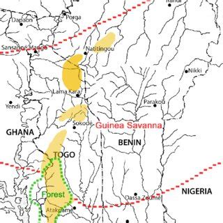 Map of Togo and Benin map showing different habitats. Yellow shading ...