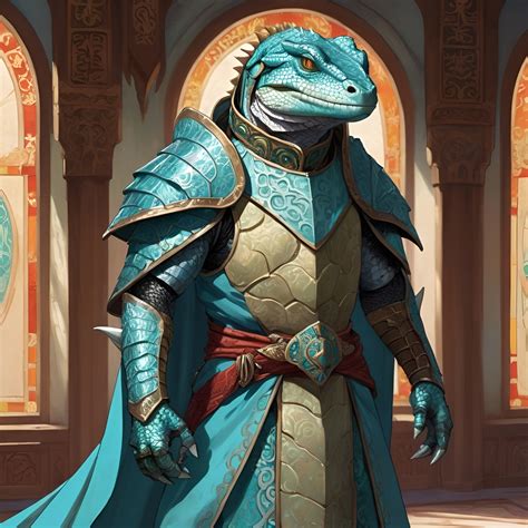 A lizardfolk paladin with a khopesh in his right han...