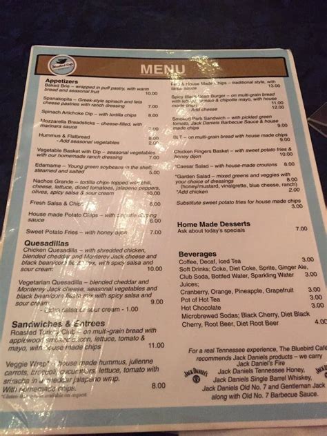 Menu at The Bluebird Cafe, Nashville, Hillsboro Pike