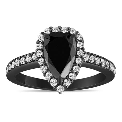 1.75 Carat Pear Shaped Black Diamond Engagement Ring, Black Diamond Wedding Ring, Halo Vintage ...