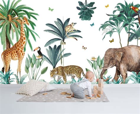 Tropical Jungle Wallpaper, Jungle Wall mural, Safari Animals Wall décor, Giraffe and Elephant ...