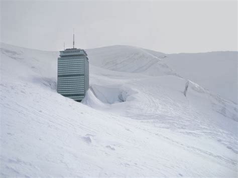 Boston Gets Record Snowfall. Prudential Building Covered in Snow.