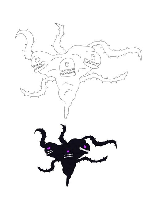 a black and white drawing of a monster with purple eyes