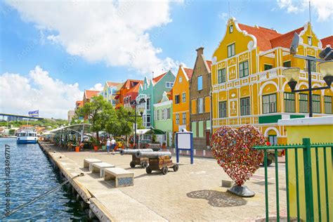 Willemstad, Curacao, Netherlands Antilles. Colourful houses and commercial buildings of Punda ...