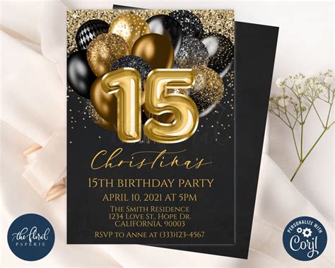 Black and Gold Birthday Invitation Template Editable 15th | Etsy