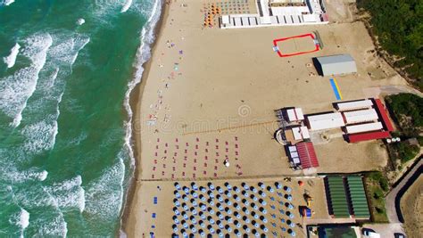 Beach Umbrellas and Chairs on the Beach. Aerial Bird Eye View Stock ...