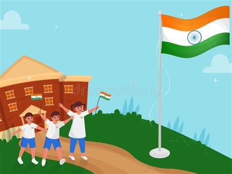 Joyful Children Indian Flag Hoisting Ceremony, School Background. Indian Independence Day Stock ...