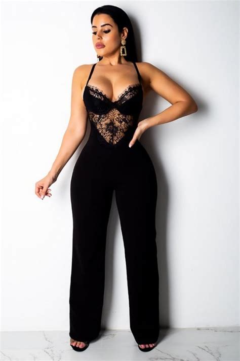 Black Spaghetti Strap Jumpsuit with Lace and Bodocon