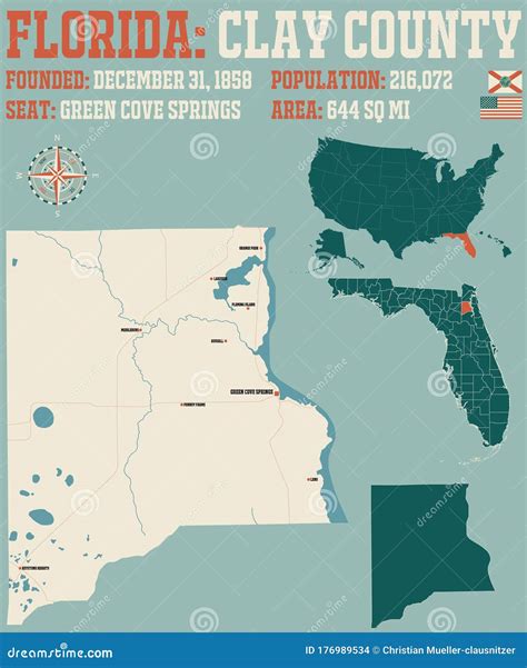 Map of Clay County in Florida Stock Vector - Illustration of geography ...