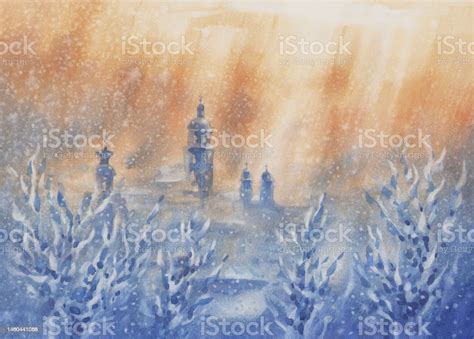 Vilnius Old City Panorama In Winter Watercolor Background Stock ...