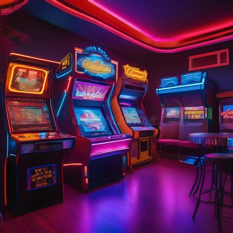 A Retro-futuristic Entertainment Space Featuring Neon Lights, Vintage Arcade Games, and a ...