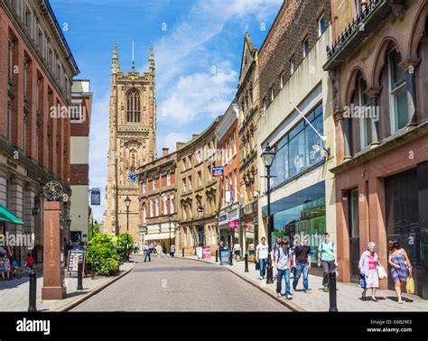 Irongate shops Derby city centre looking towards the cathedral Derby Derbyshire England UK GB EU ...