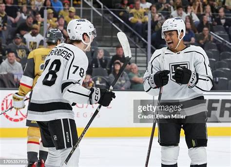 Alex Laferriere and Akil Thomas of the Los Angeles Kings celebrate ...