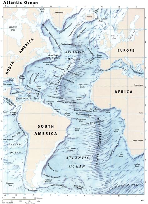 Map of the Atlantic Ocean with islands, seas and bays, map for free used - World atlas