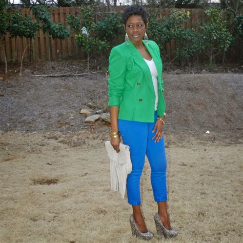 Two Stylish Kays: Thrifted Trends: Green Blazer and Cobalt Blue Jeans