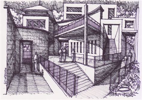 an ink drawing of a house with stairs