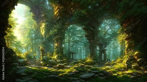 Fantasy forest landscape with stone ruins and bizarre vegetation at a ...