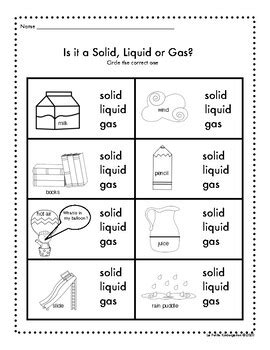 Solid Liquid Gas Kindergarten Worksheet