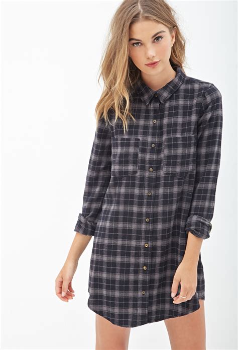 Forever 21 Plaid Flannel Shirt Dress in Black (BLACK/GREY) | Lyst