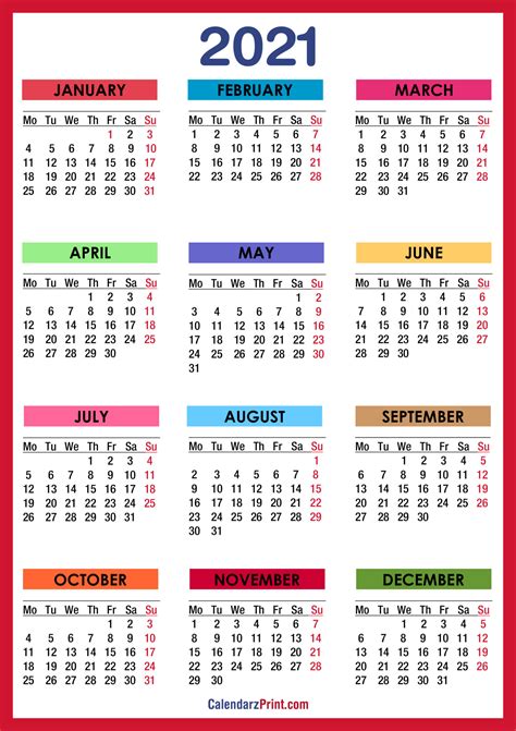 2021 Calendar Printable Free, Colorful, Red, Orange – Monday Start – CalendarzPrint | Free ...