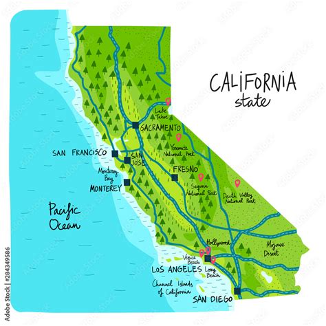 Map of California state of the USA, with landmarks. Stock Vector | Adobe Stock