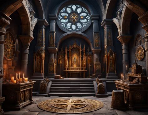 hidden templar lair with altar and stonemason symbols, intricate motifs ...