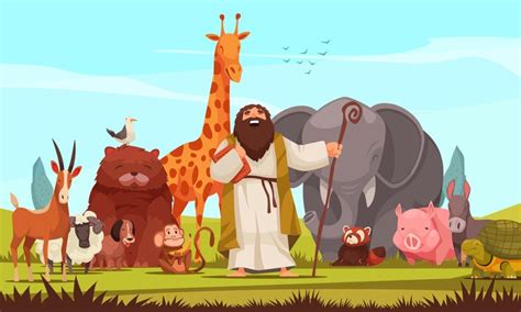 Premium Vector | Noah surrounded by group of wild animals gathered to ...