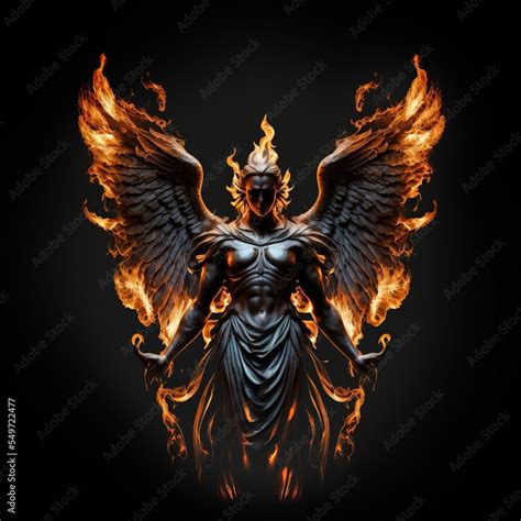 muscular Fire angel. Demon. Angel of light. Isolated against a dark background. Glowing fiery ...