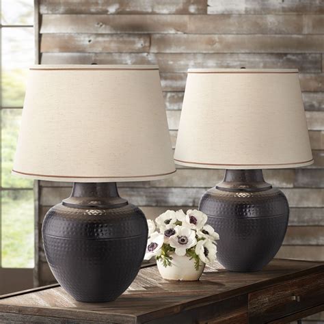 Barnes and Ivy Rustic Table Lamps 27.25" Tall Set of 2 Hammered Bronze Metal Pot Beige Linen ...