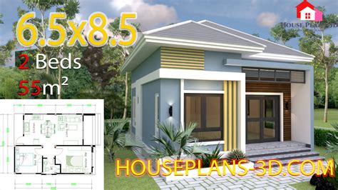 Small House Design 6.5x8.5 With 2 Bedrooms Hip roof - House Plans 3D