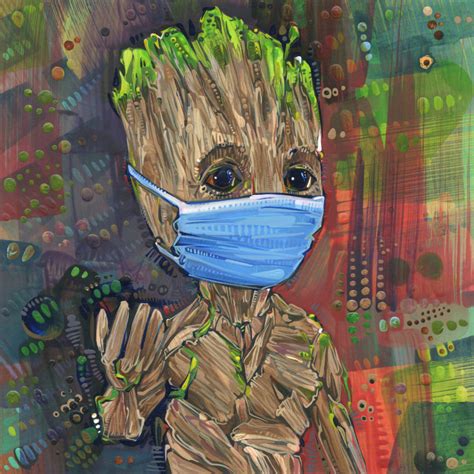 Baby Groot Wearing a Face Mask for COVID-19, Painting by Artist Gwenn ...