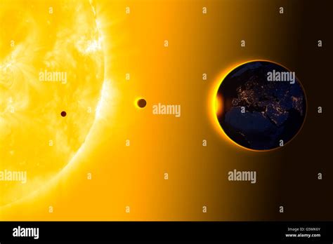 Earth, Venus, Mercury in orbit around the Sun. The suns diameter is ...