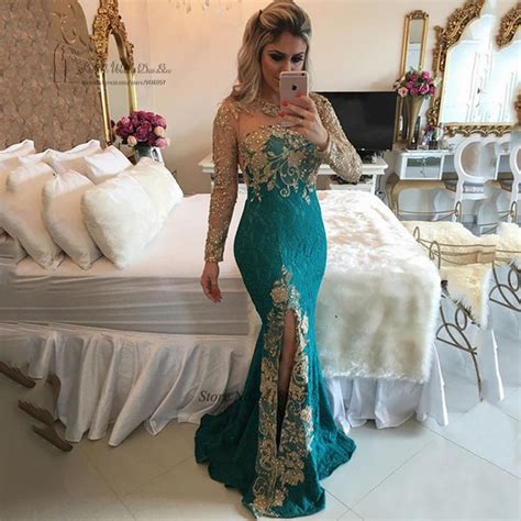 Sexy Formal Green Gold Lace Evening Dresses Long Sleeve Mermaid Prom Dress Beaded Special ...