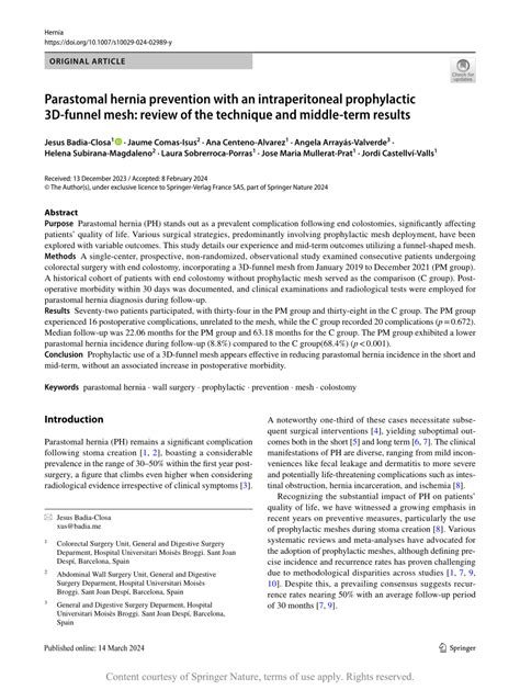 Parastomal hernia prevention with an intraperitoneal prophylactic 3D ...