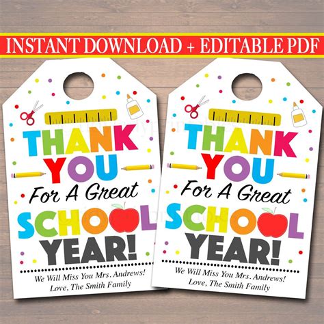 EDITABLE Thank You Tags, Teacher Appreciation Thank You Note, INSTANT DOWNLOAD Printable ...