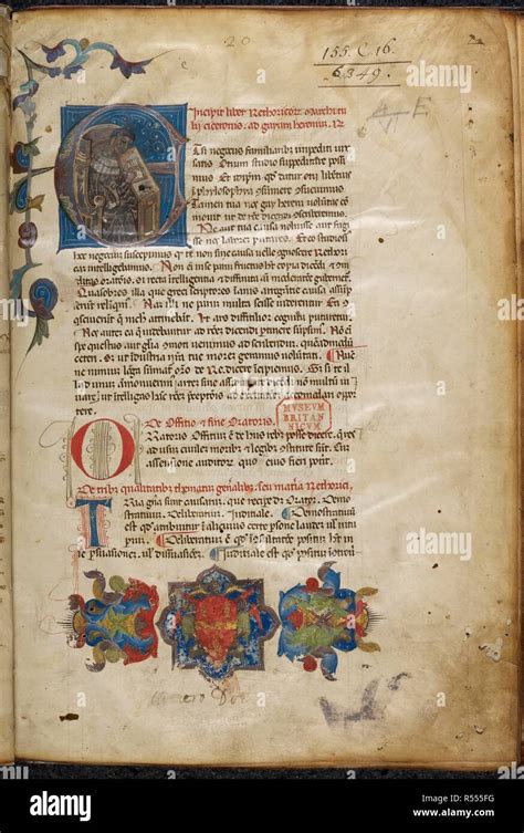 Historiated initial 'E'(tsi) of Cicero writing at a desk. Rhetorica ad Herennium. Italy, N.E ...