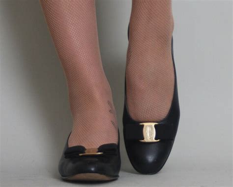 1980s FERRAGAMO VARA Shoes Vintage 80s Black Bow & Brass Low