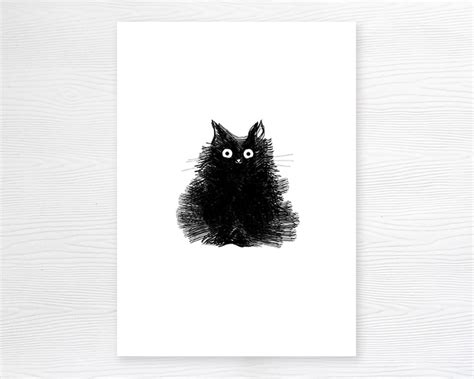 Black Cat Drawing Illustration Cute Surprised Fluffy Kitty | Etsy