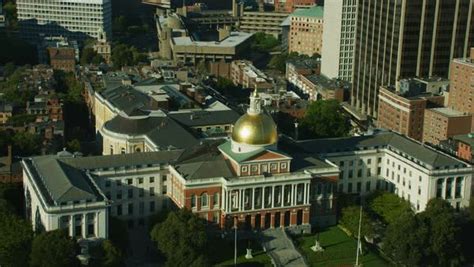 Aerial overhead view of Boston gold Dome State House near the Freedom ...